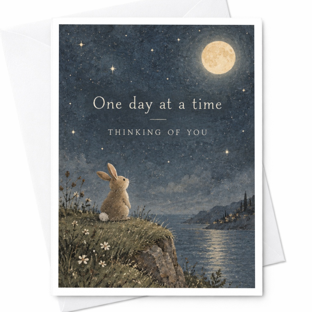 One Day At A Time Thinking Of You Card Bunny Under Moonlit Sky Encouragement Card For Friend Supportive Greeting Card C10048