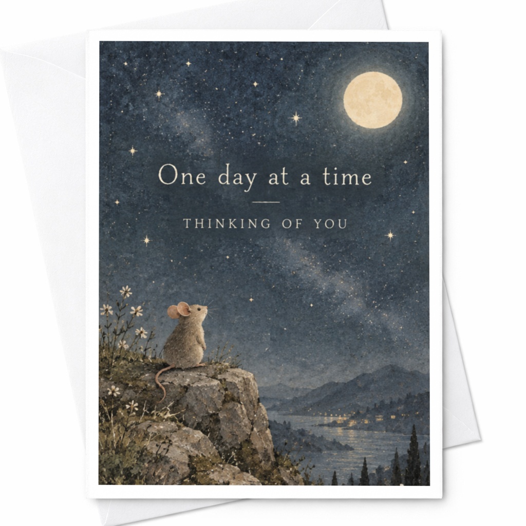 One Day At A Time Thinking Of You Card Cute Mouse Under Night Sky Encouragement Card For Friend Supportive Greeting Card C10049