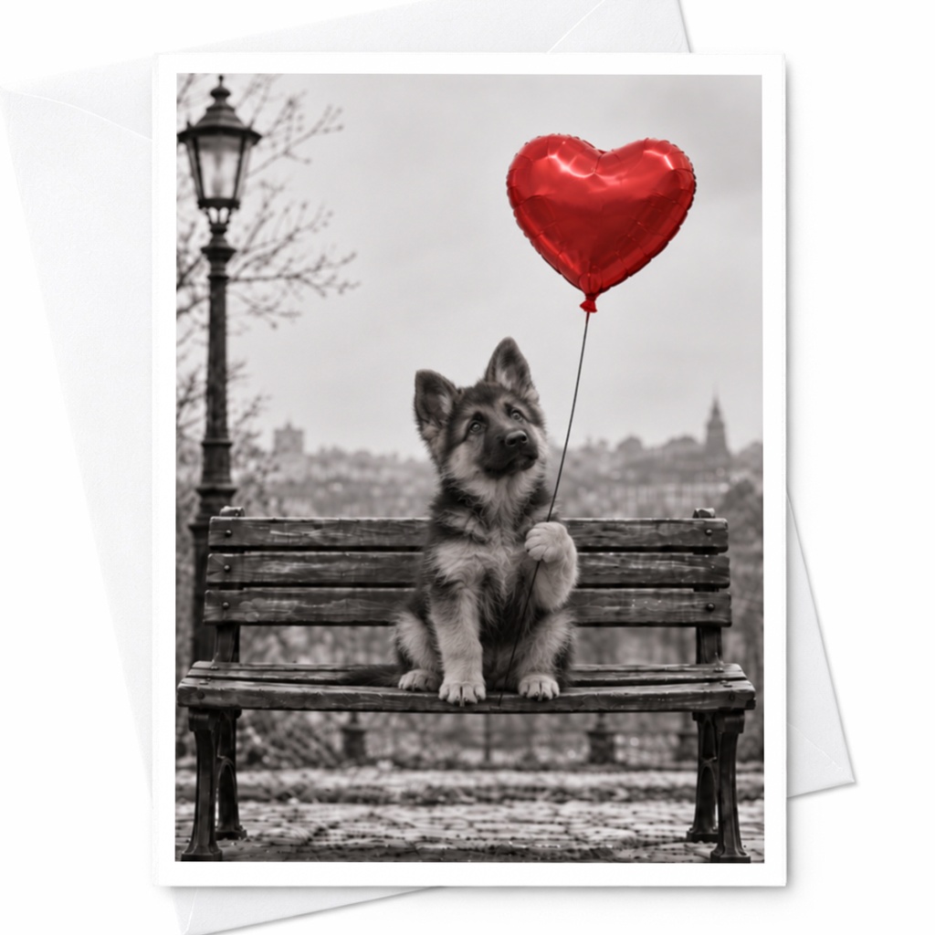 Puppy With Heart Balloon Love Card Cute Romantic Greeting Card For Dog Lover Anniversary Card Sweet Animal Card C10092
