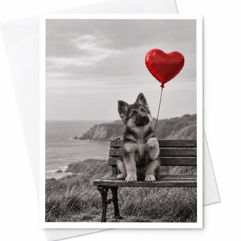 Puppy With Heart Balloon Love Card Cute Romantic Greeting Card For Dog Lover Anniversary Card Sweet Animal Card C10093