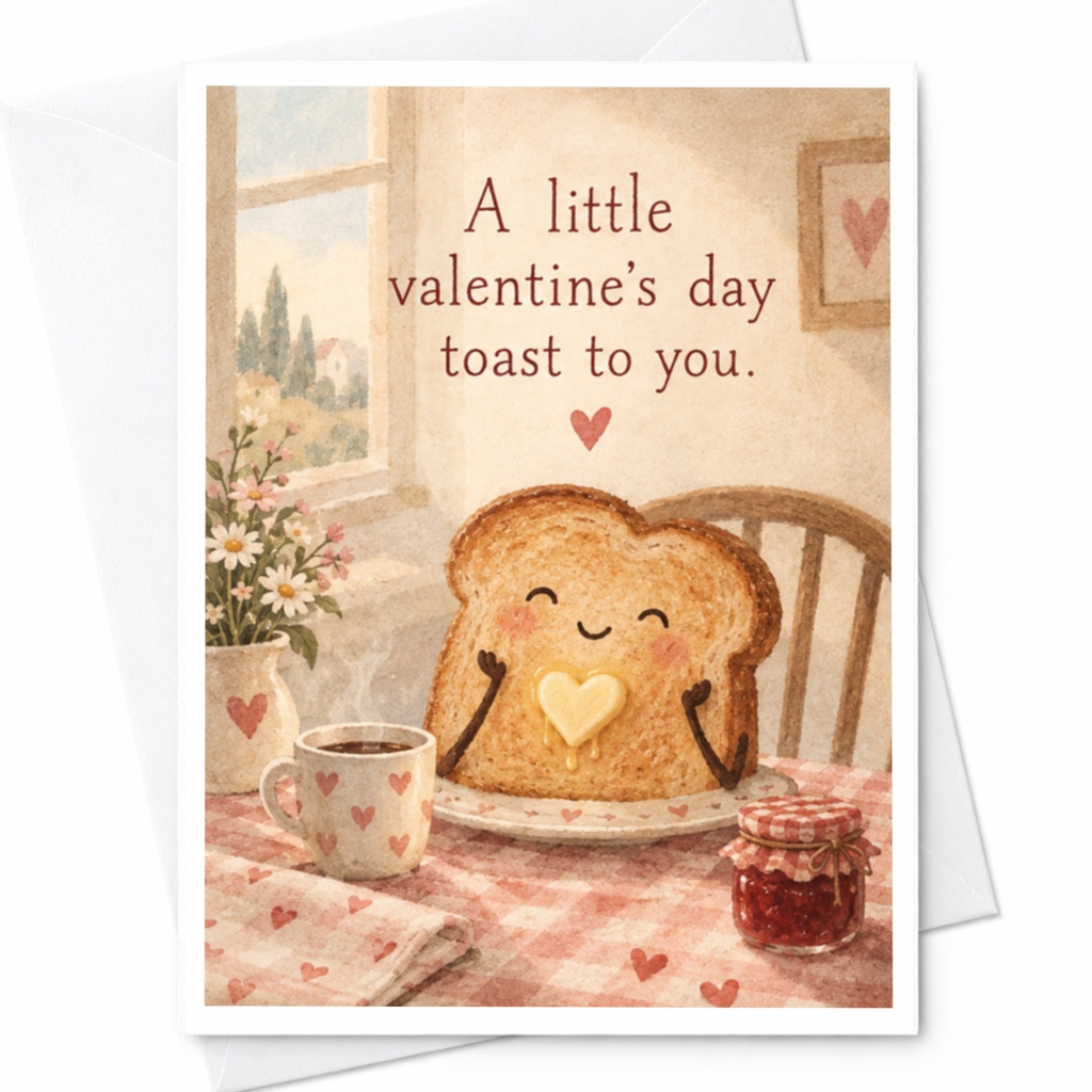 A Little Valentine's Day Toast To You Cute Valentine's Day Card Adorable Toast Illustration For Her Romantic Greeting Card C10094