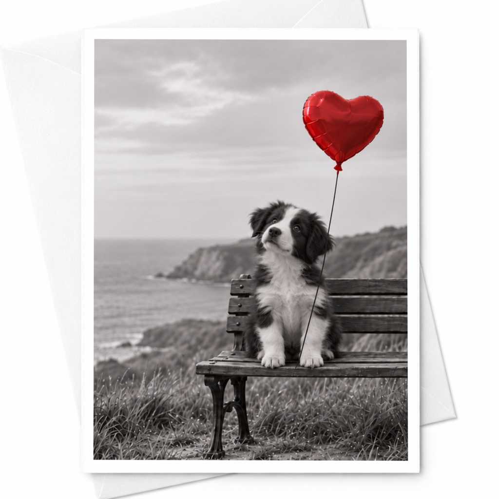 Dog With Heart Balloon Love Card Cute Romantic Greeting Card For Dog Lover Anniversary Card Sweet Animal Card C10055