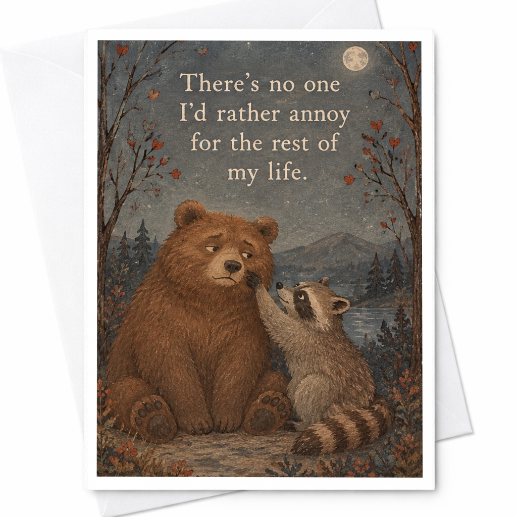 There's No One I'd Rather Annoy Anniversary Card Cute Bear Raccoon Illustration Romantic Greeting Card For Couple Love C10105