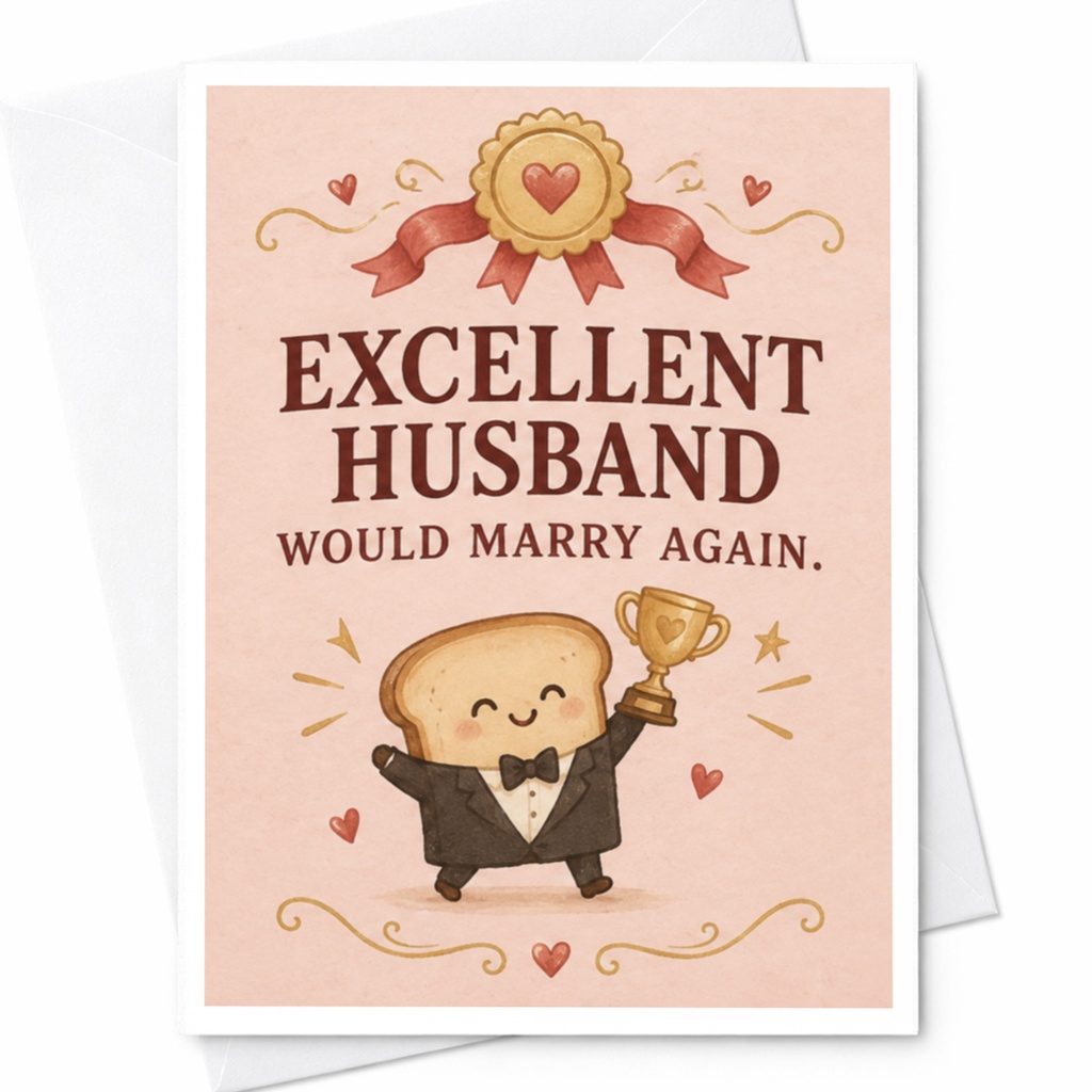 Excellent Husband Would Marry Again Anniversary Card Funny Husband Greeting Card Cute Toast Character With Trophy C10106