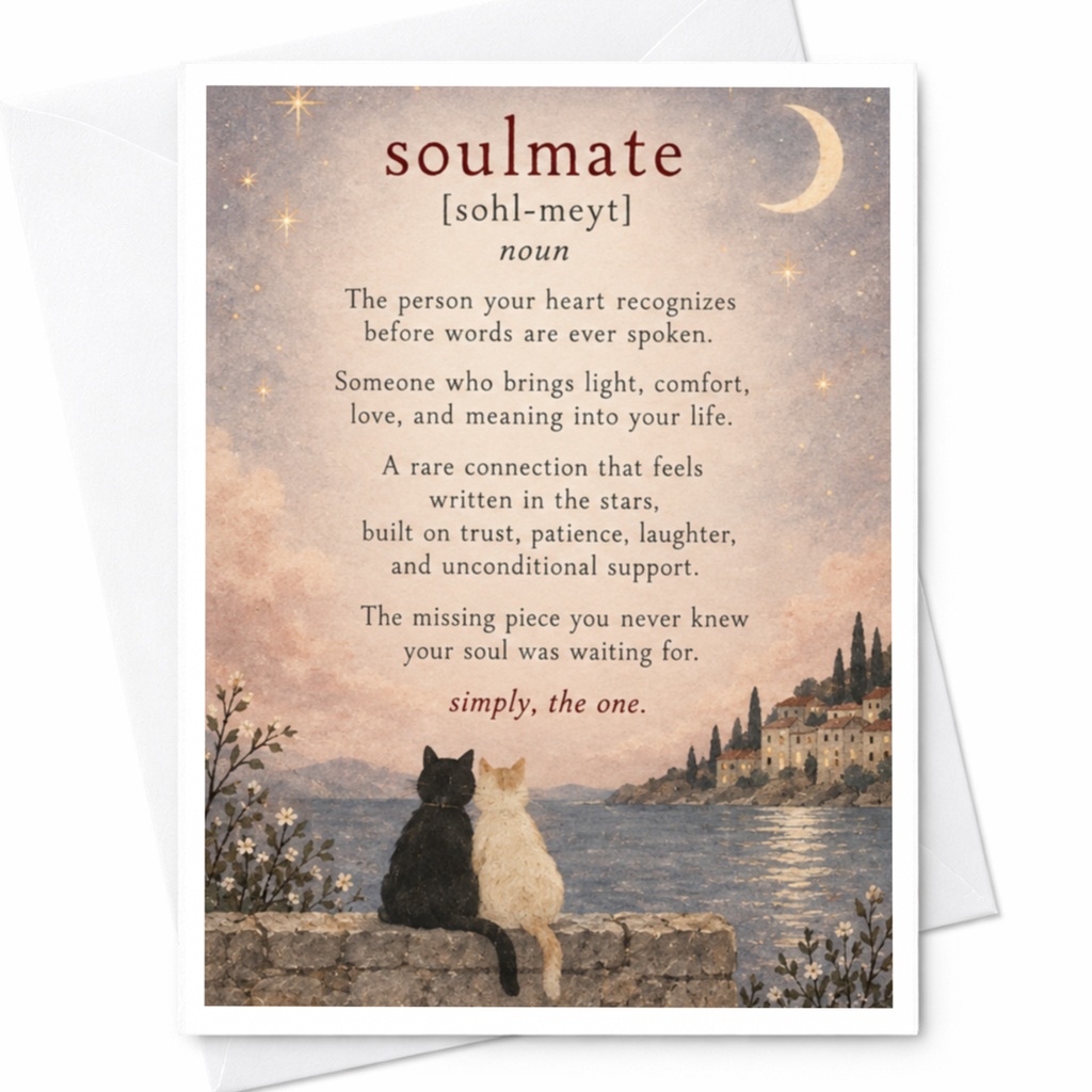 Soulmate [sohl-Meyt] Noun Love Card Romantic Cats Under Stars Anniversary Card For Couple Sweet Sentimental Greeting Card C10110