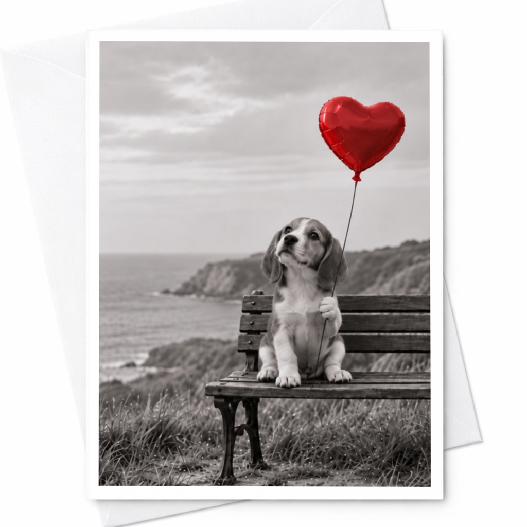 Puppy With Heart Balloon Love Card Cute Romantic Greeting Card For Dog Lover Anniversary Card Sweet Animal Card C10069
