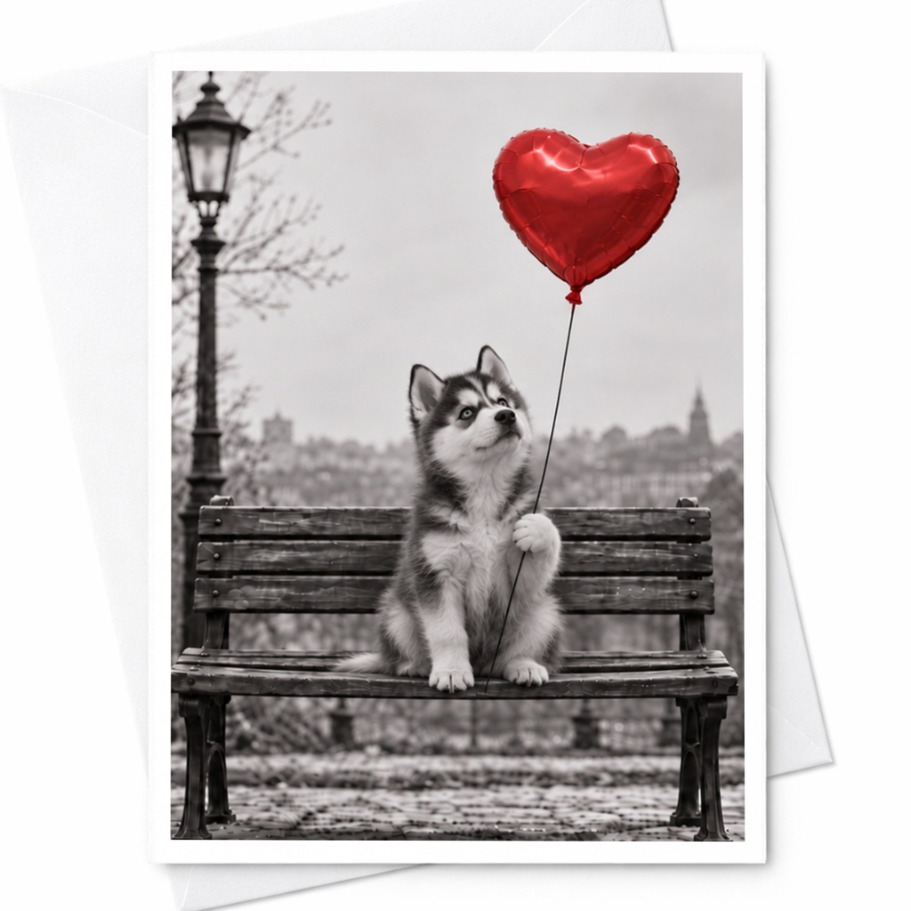 Puppy With Heart Balloon Love Card Cute Romantic Greeting Card For Dog Lover Anniversary Card Sweet Animal Card C10116