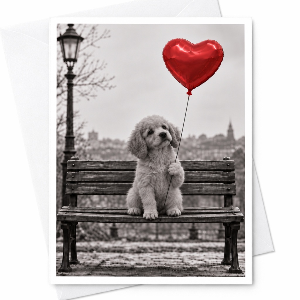Puppy With Heart Balloon Love Card Cute Romantic Greeting Card For Dog Lover Anniversary Card Sweet Animal Card C10127