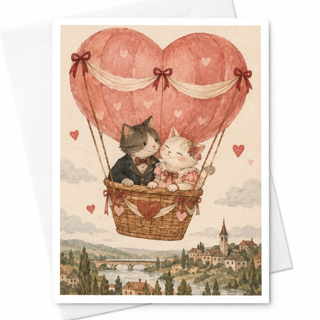 Cats In Heart-Shaped Balloon Wedding Card Romantic Greeting Card For Couple Cute Animal Love Card Anniversary Card C10084