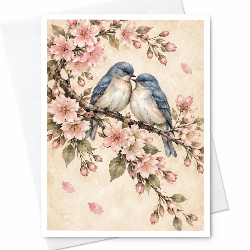 Birds On Blossom Branch Blank Greeting Card Romantic Nature Card For Her Wedding Anniversary Love Card Cute Animal Art C10086