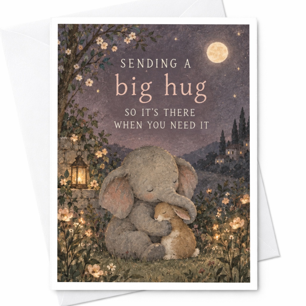 Sending A Big Hug So It's There When You Need It Thinking Of You Card Cute Elephant Rabbit Illustration Comforting Greeting Card C10131