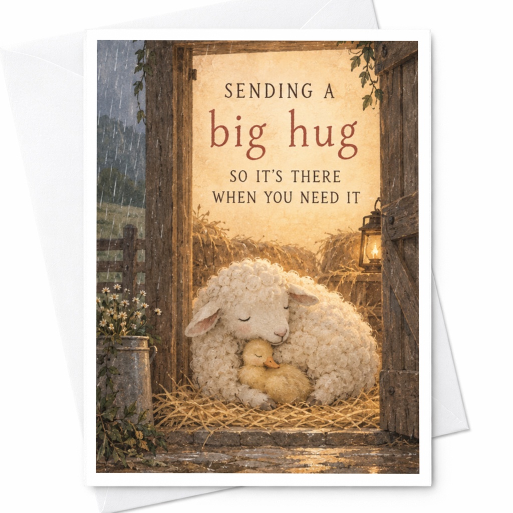 Sending A Big Hug So It's There When You Need It Cute Thinking Of You Card Sheep Duckling Illustration Comforting Greeting Card C10132