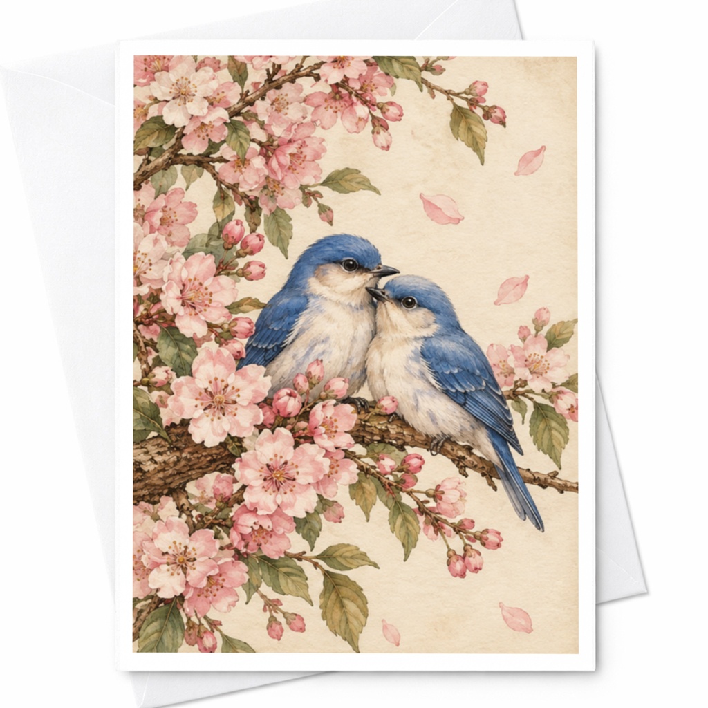 Bluebird Love Wedding Card Romantic Greeting Card For Couple Cherry Blossom Art Nature Lover Anniversary Card C10135
