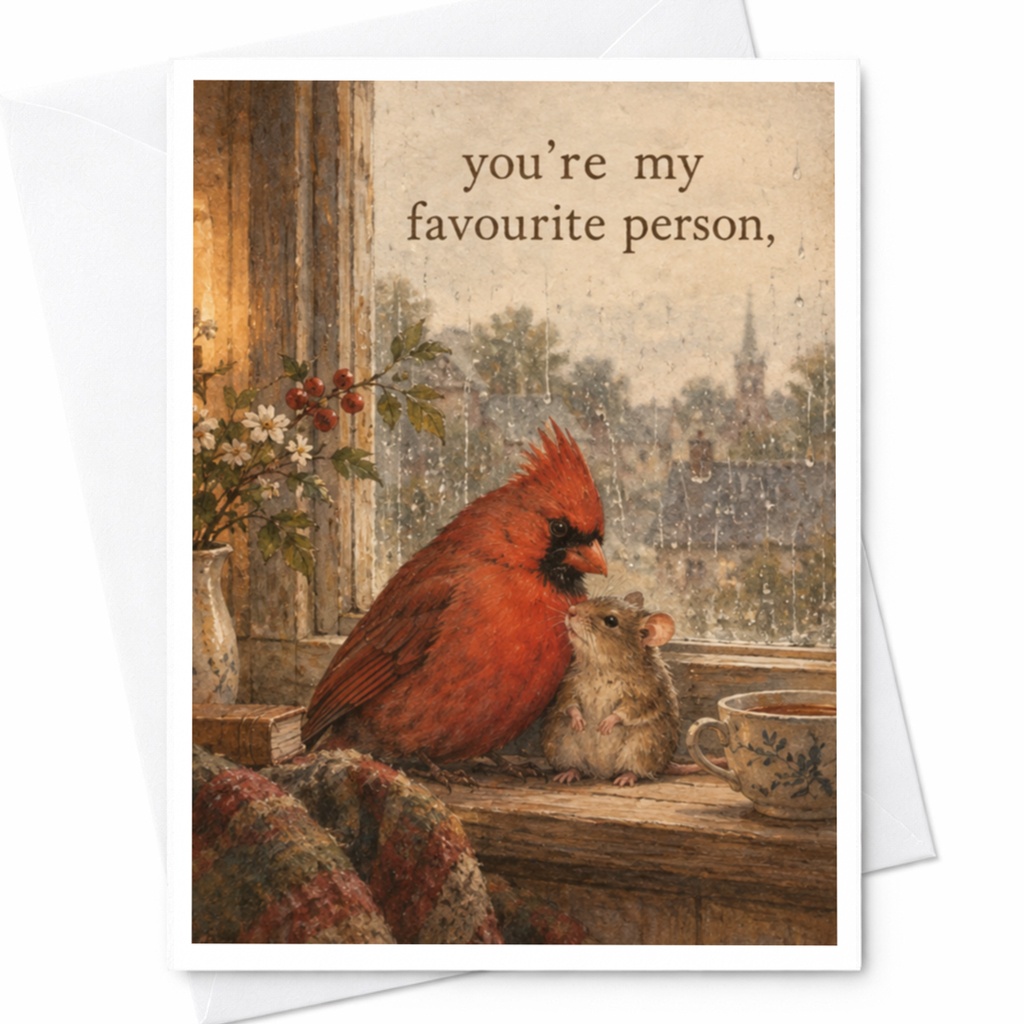 You're My Favourite Person, Love Card Cute Cardinal Mouse Illustration Romantic Greeting Card For Her Him Anniversary C10114