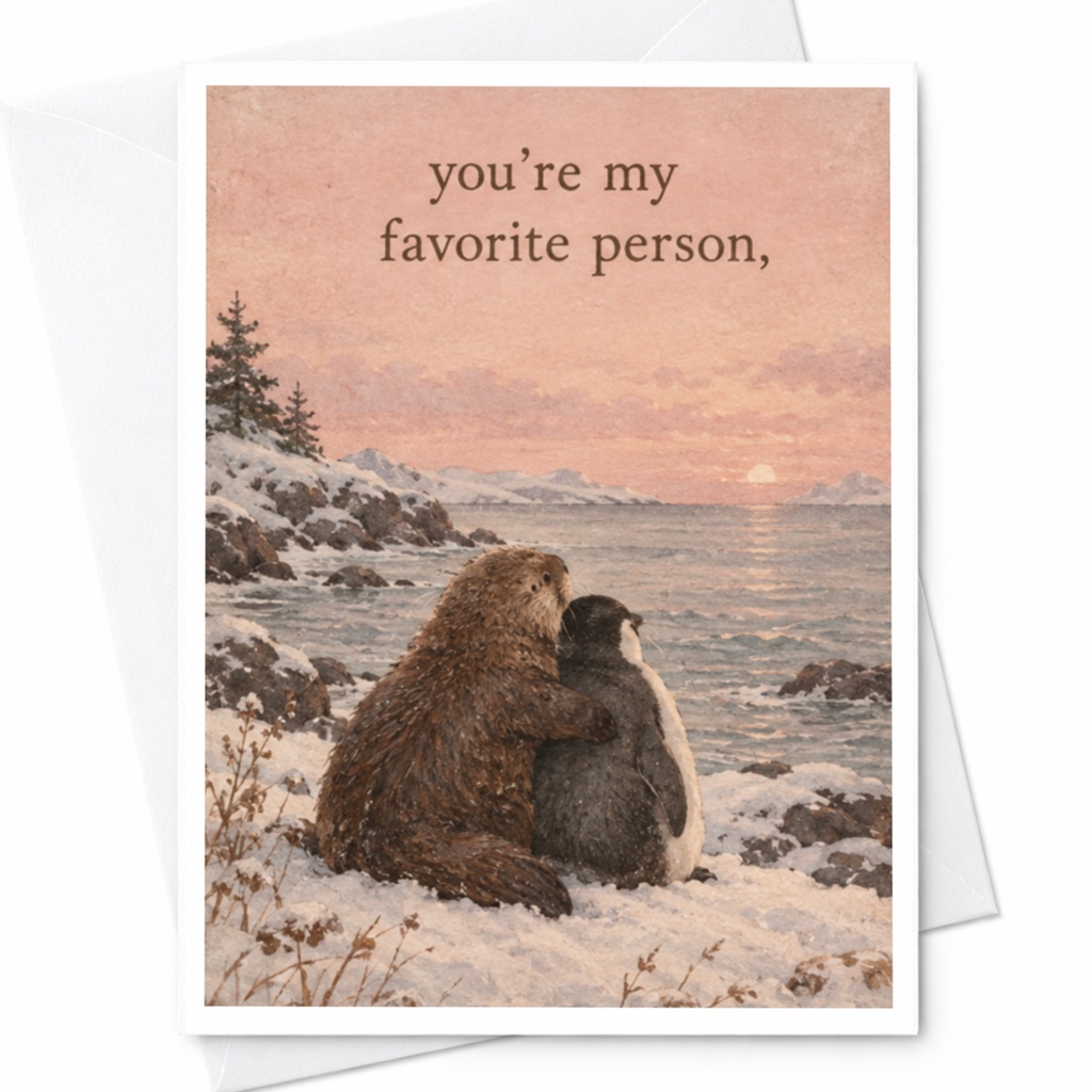 You're My Favorite Person, Love Card Cute Otter Penguin Illustration Romantic Greeting Card For Partner Anniversary C10115
