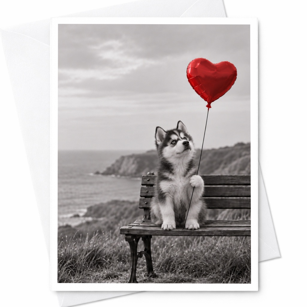 Puppy With Heart Balloon Love Card Cute Romantic Greeting Card For Dog Lover Anniversary Card Sweet Animal Card C10117