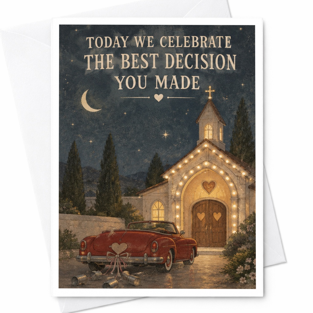 Today We Celebrate The Best Decision You Made Wedding Card Cute Car Chapel Illustration Romantic Greeting Card For Couple C10133