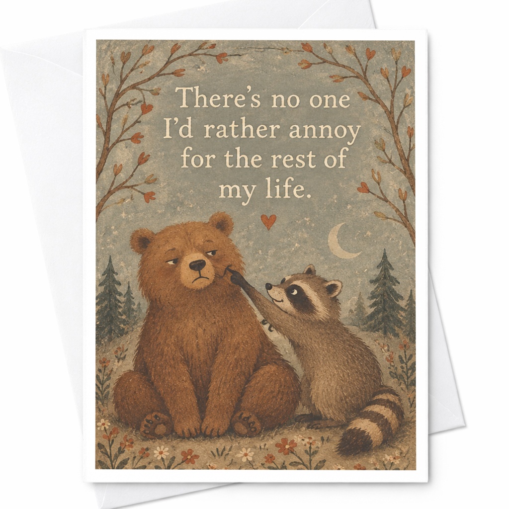 There's No One I'd Rather Annoy Anniversary Card Cute Bear Raccoon Illustration Romantic Greeting Card For Couple Love C10144