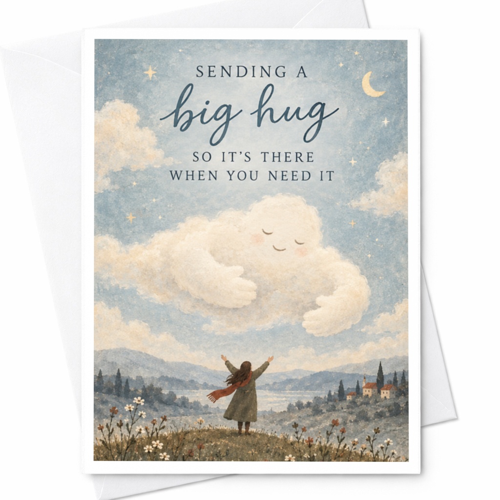 Sending A Big Hug So It's There When You Need It Thinking Of You Card Cute Cloud Hugging Person Illustration Supportive Greeting C C10145