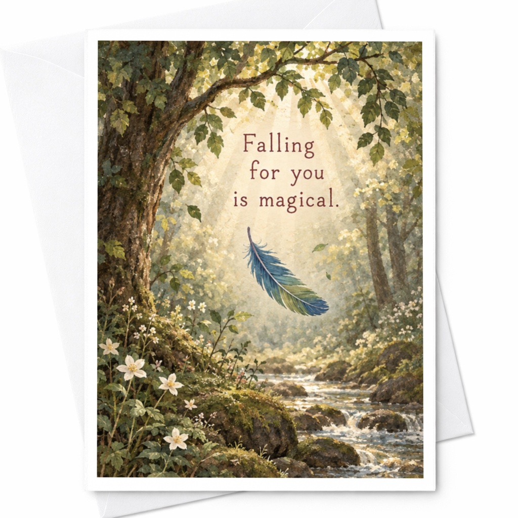 Falling For You Is Magical Romantic Card Nature Scene Love Greeting Card For Her Or Him Anniversary Card Cute Feather C10149