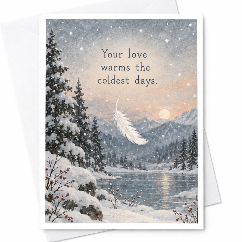 Your Love Warms The Coldest Days Romantic Winter Love Card For Her Him Anniversary Card Snowy Landscape Feather C10150