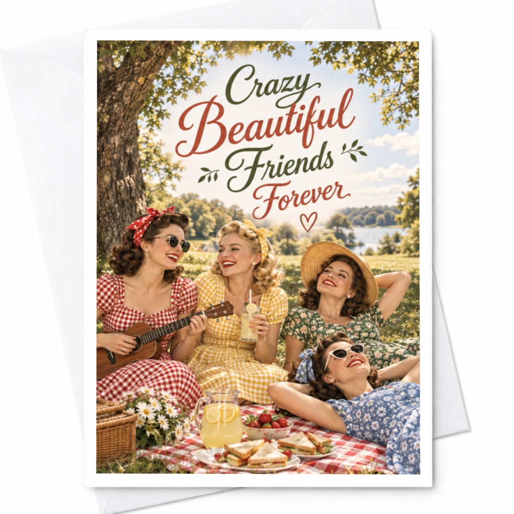 Crazy Beautiful Friends Forever Friendship Card Cute Retro Picnic Scene Best Friend Card For Her Fun Vintage Style C10151