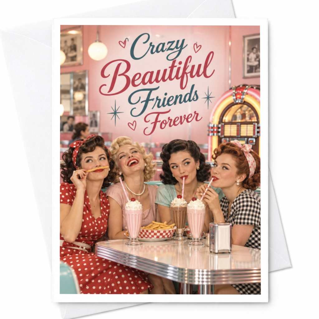 Crazy Beautiful Friends Forever Friendship Card Retro Diner Scene Cute Greeting Card For Best Friend Fun Vintage Style C10152