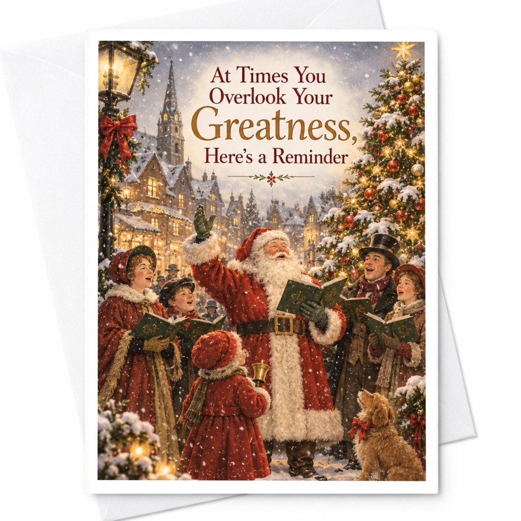 At Times You Overlook Your Greatness, Here's A Reminder Christmas Card Santa And Carolers Festive Holiday Greeting Card C10162