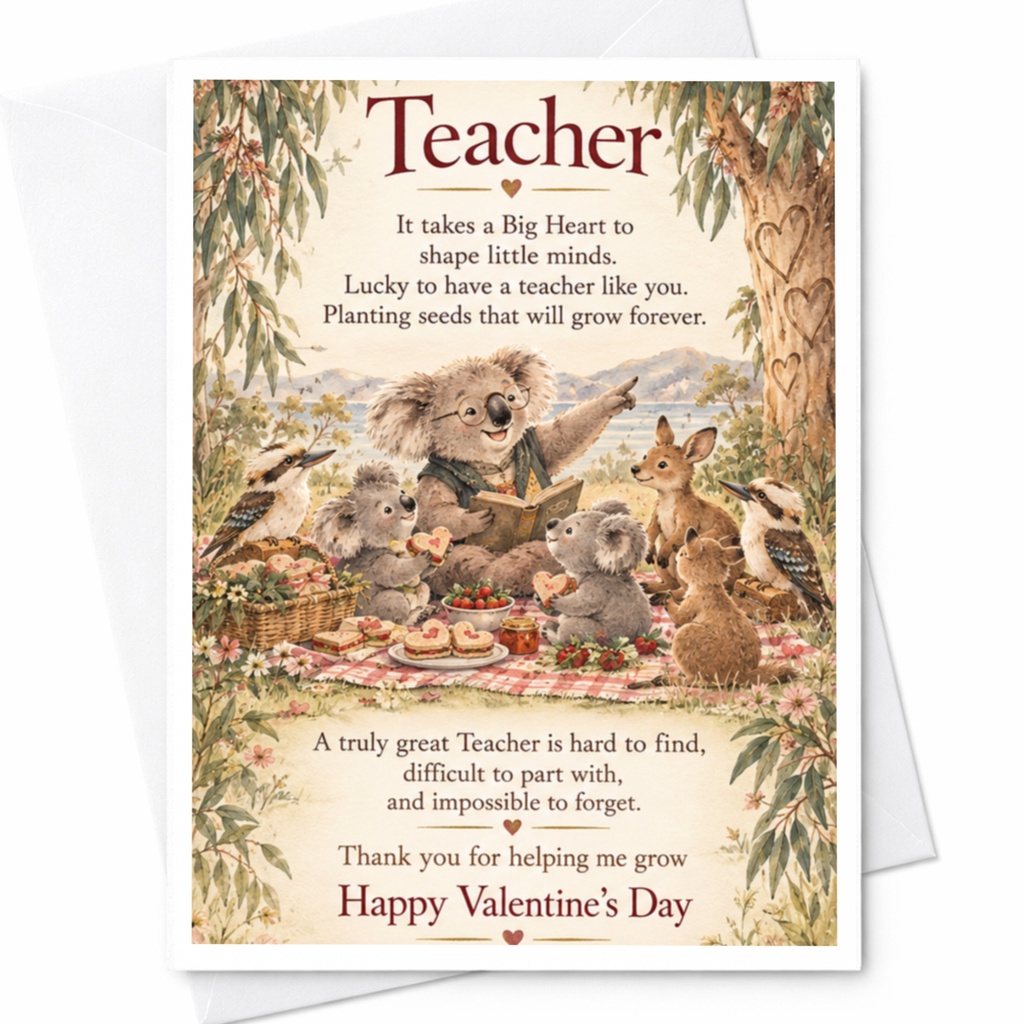 Teacher It Takes A Big Heart Valentine's Day Card For Teacher Koala Animal Theme Thank You Card For Educator C10163