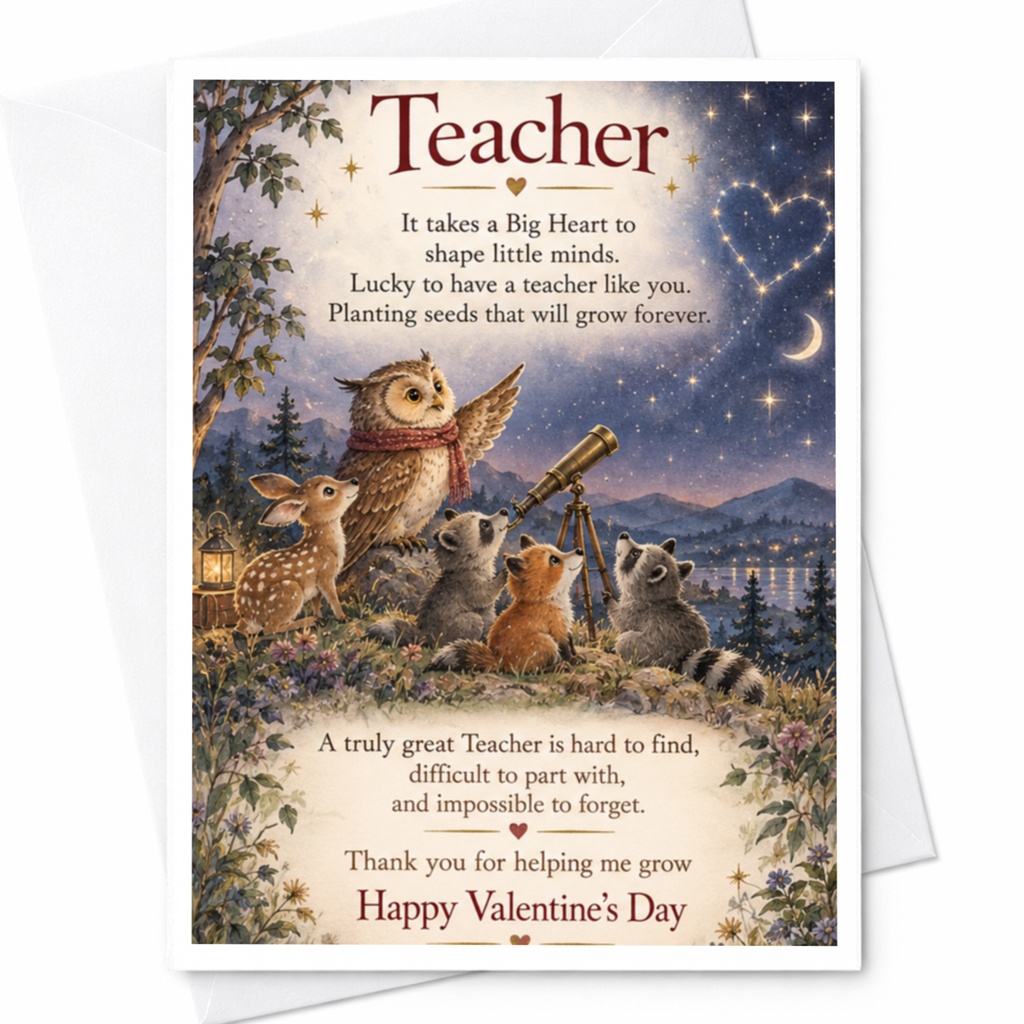Teacher It Takes A Big Heart Valentine's Day Card For Teacher Appreciation Cute Animal Thank You Card C10164
