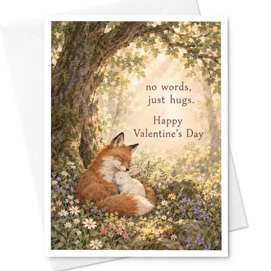 No Words, Just Hugs. Happy Valentine's Day Cute Animal Card Fox Rabbit Hug Romantic Greeting Card For Her Him Love C10167