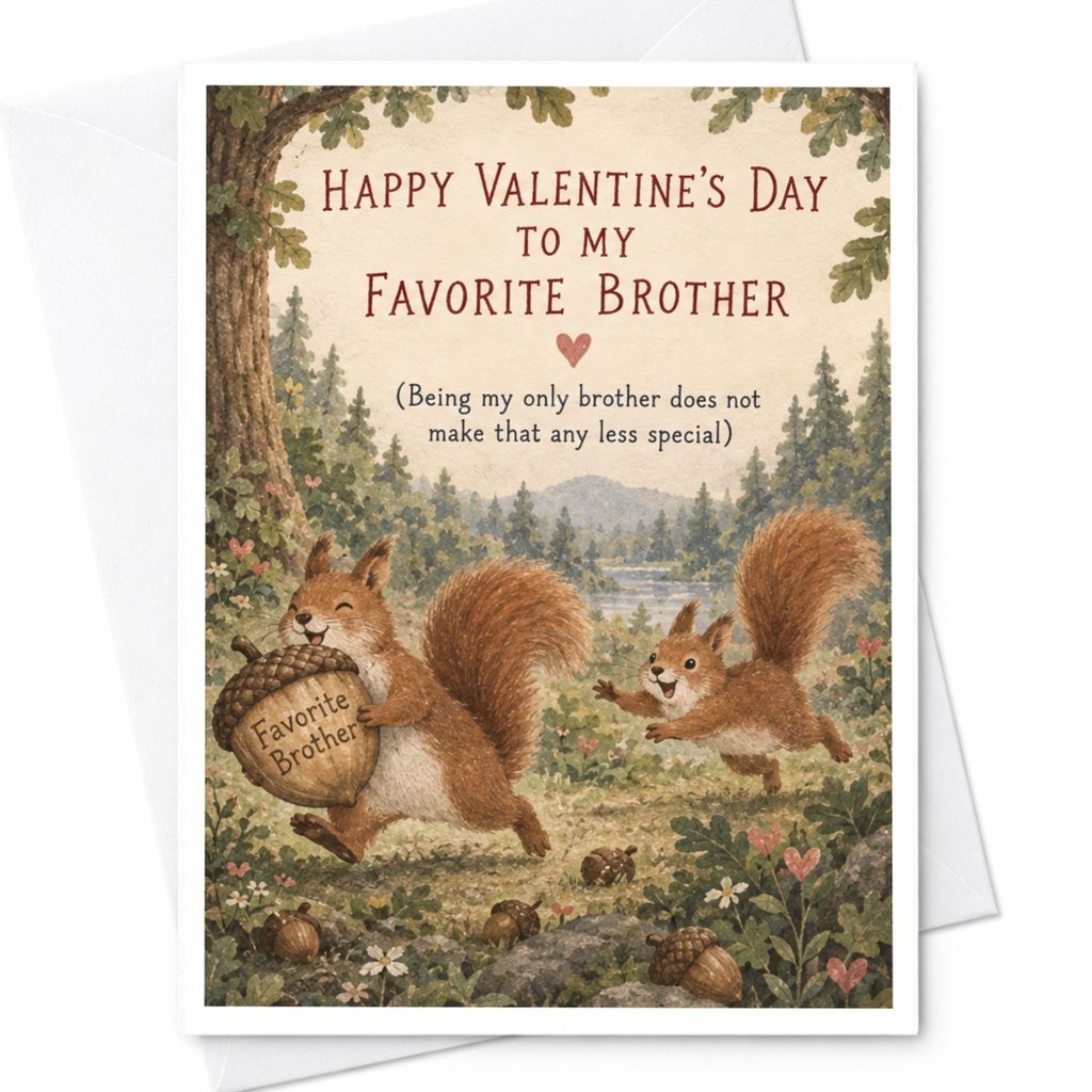 Happy Valentine's Day To My Favorite Brother Cute Valentine's Day Card For Brother Squirrel Illustration Funny Card C10182