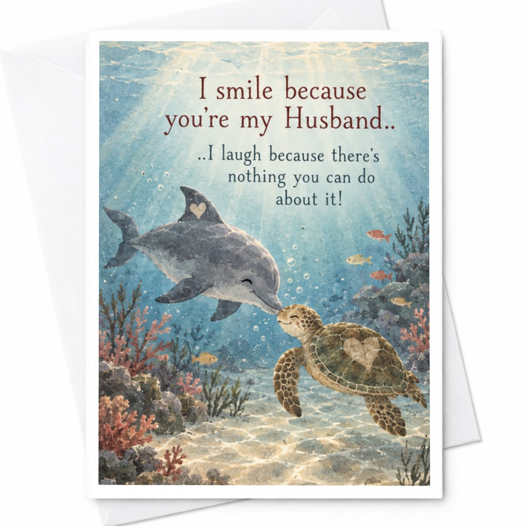I Smile Because You're My Husband Funny Anniversary Card For Husband Cute Dolphin Turtle Love Card Romantic Greeting Card C10183