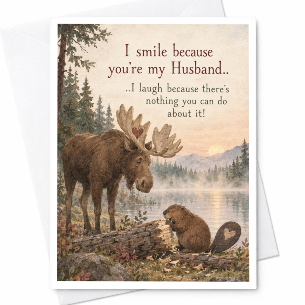 I Smile Because You're My Husband Funny Anniversary Card For Husband Cute Moose Beaver Nature Scene Romantic Greeting Card C10184