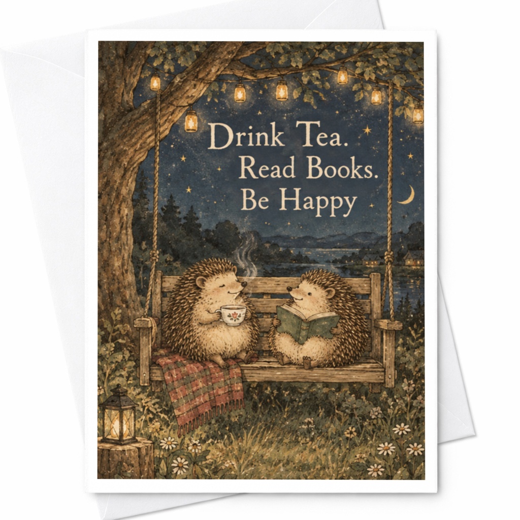 Drink Tea. Read Books. Be Happy Everyday Card Cute Hedgehog Illustration Cozy Nature Scene Greeting Card For Book Lover C10155