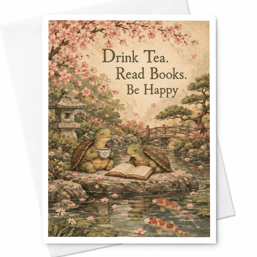 Drink Tea. Read Books. Be Happy Everyday Card Cute Turtles Illustration Relaxation Greeting Card For Book Lover Tea Enthusiast C10156