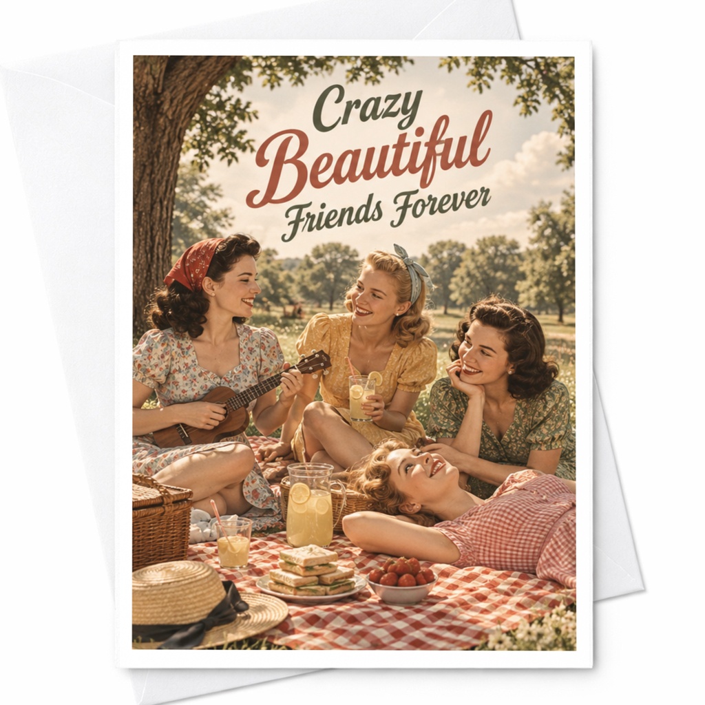 Crazy Beautiful Friends Forever Vintage Friendship Card Cute Retro Picnic For Best Friend Birthday Card C10157