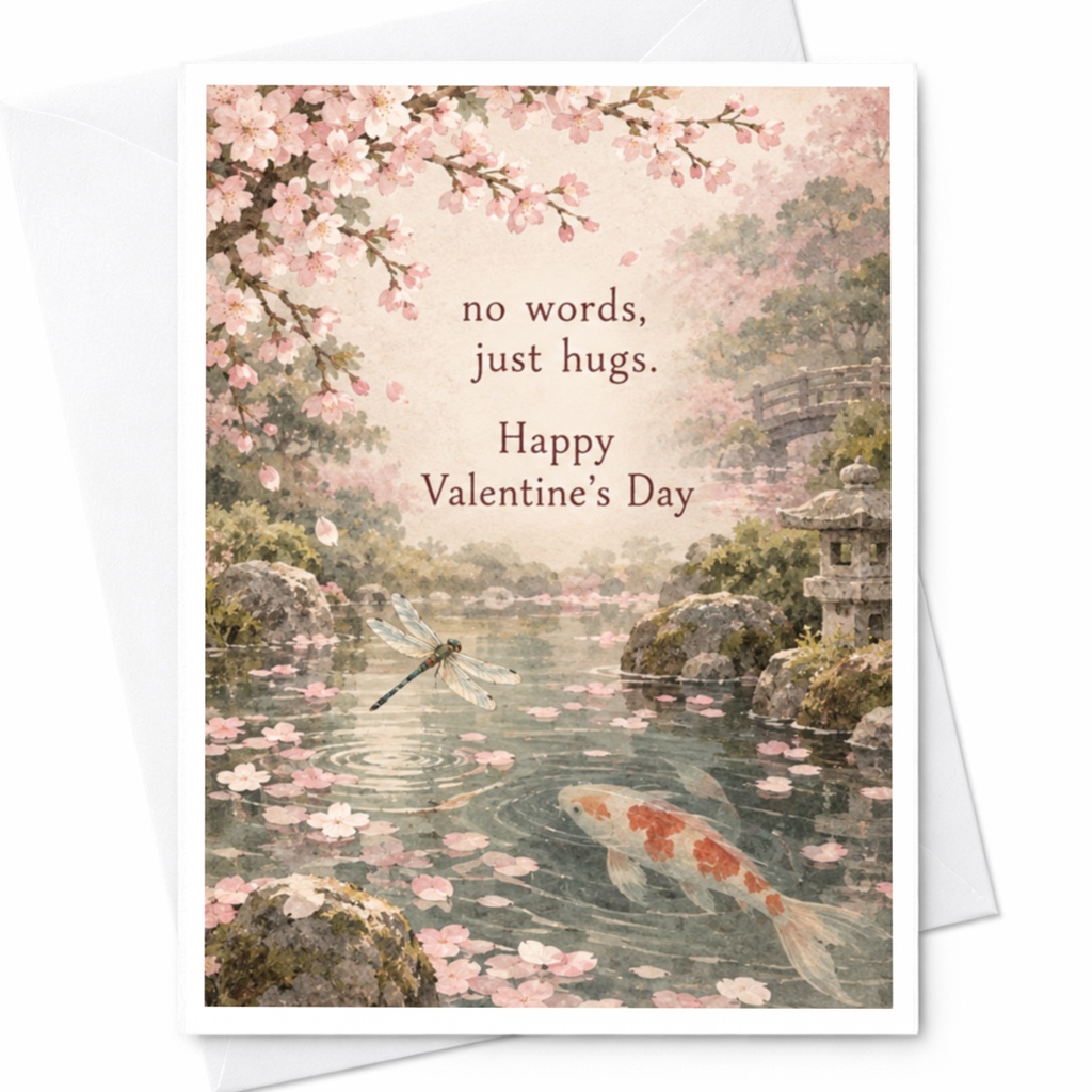 No Words, Just Hugs. Happy Valentine’s Day Romantic Valentine's Day Card Serene Pond Cherry Blossoms Koi Fish For Her C10168