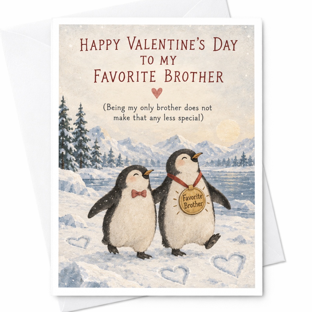 Happy Valentine's Day To My Favorite Brother Valentine's Day Card Cute Penguins Funny Brother Card From Sibling C10181