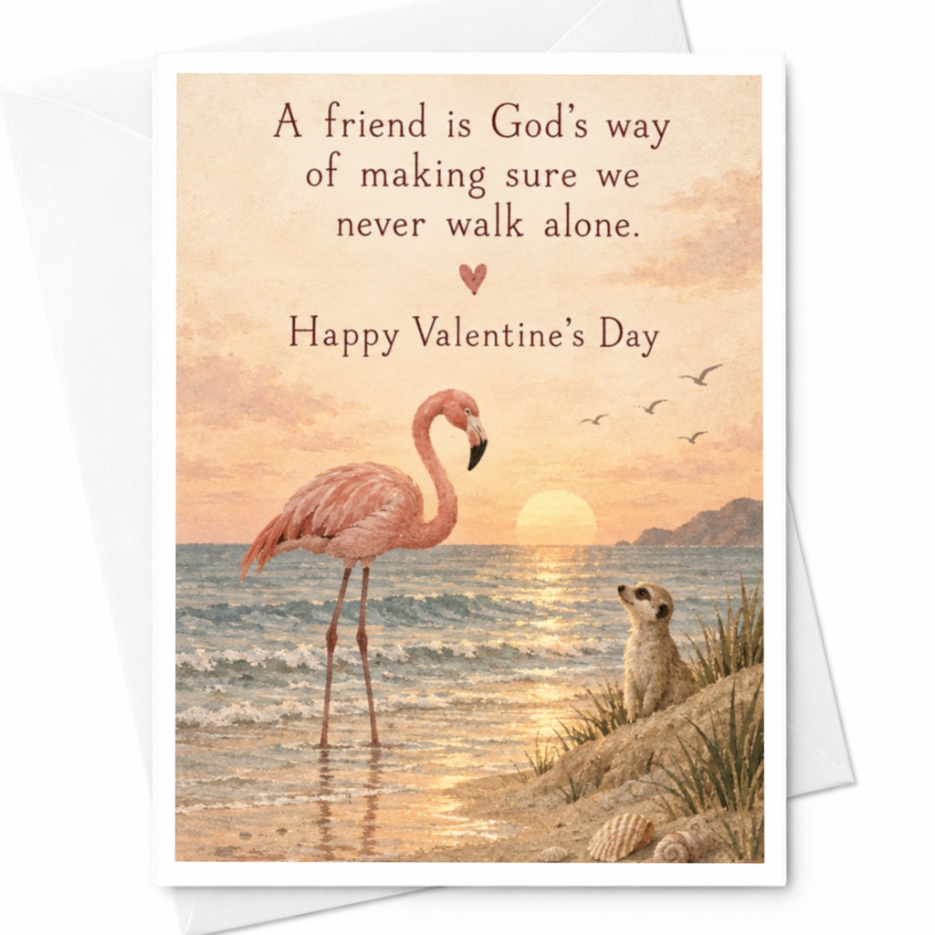 A Friend Is God's Way Happy Valentine's Day Card Flamingo Meerkat Beach Scene Cute Friendship Love Card For Friend C10185