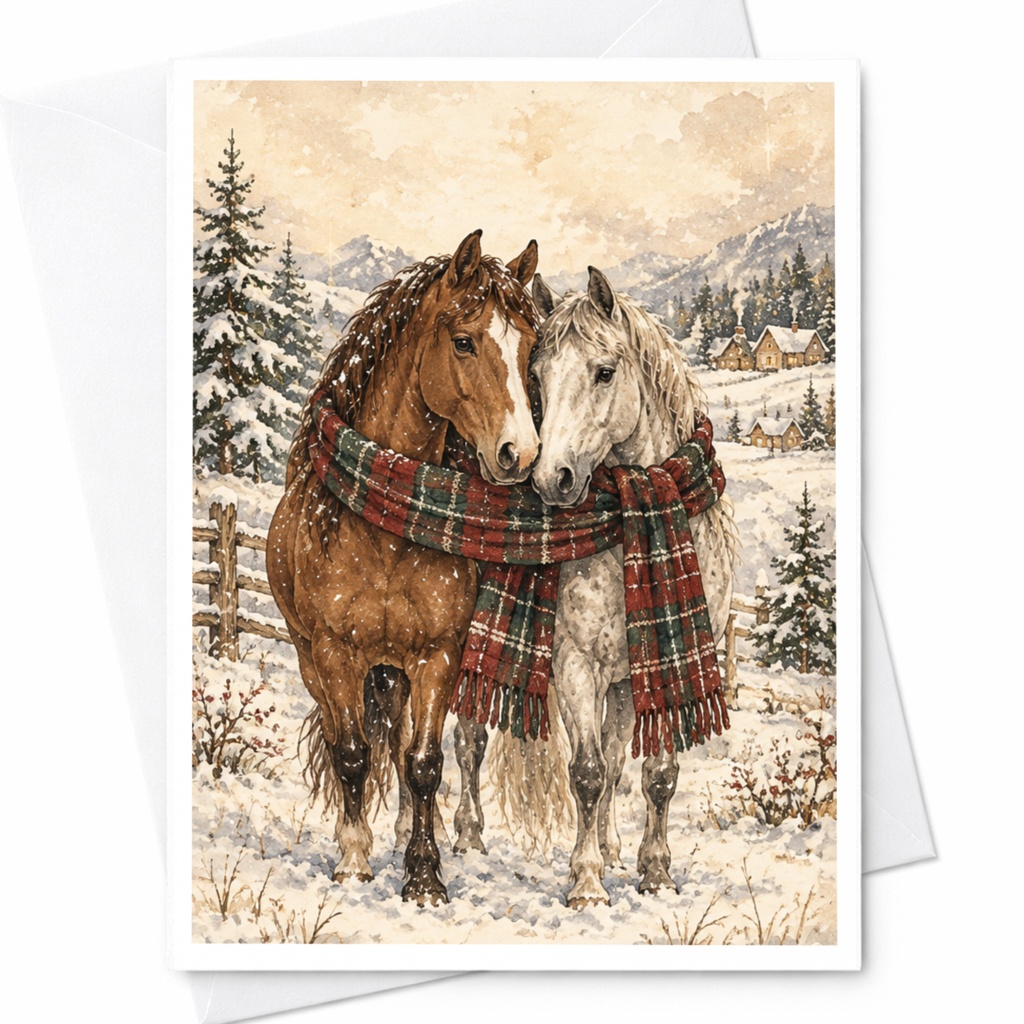 Horse Christmas Card Winter Scene Greeting Card For Animal Lover Cozy Holiday Card Cute Horses In Snowy Landscape C10193