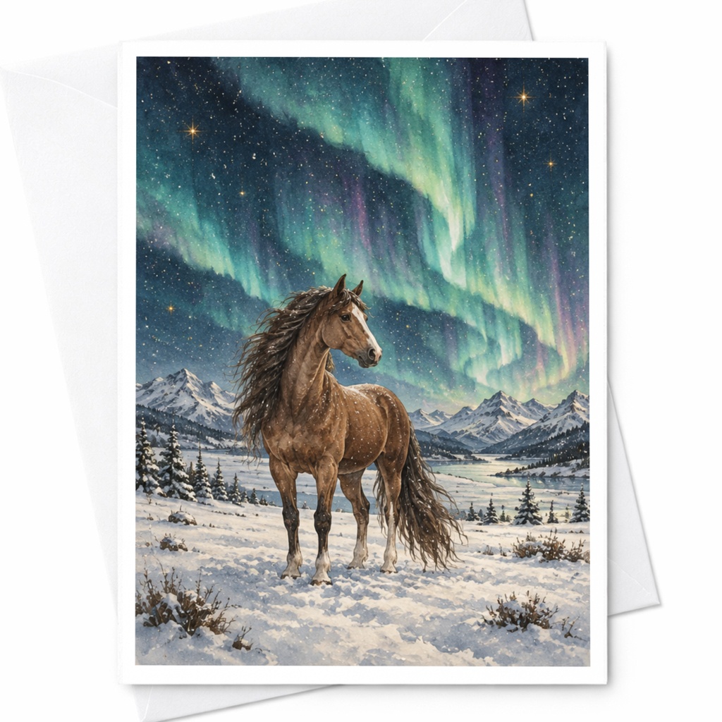 Horse Under Northern Lights Blank Greeting Card Nature Lover Winter Scene Card For Her Animal Art Card Aurora Borealis C10194