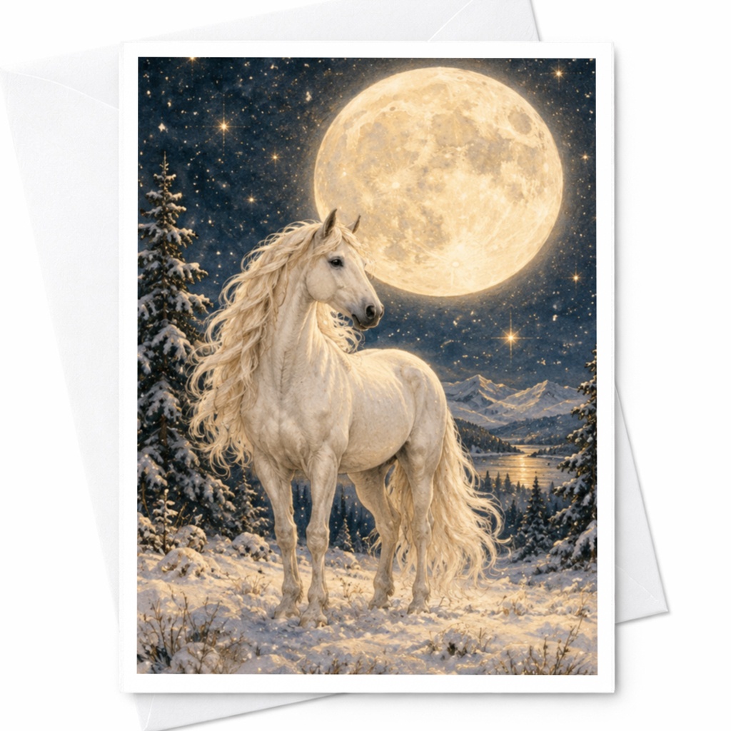 Majestic Horse Under Full Moon Blank Greeting Card Winter Scene For Nature Lover Animal Art Card Enchanted Night Sky C10196