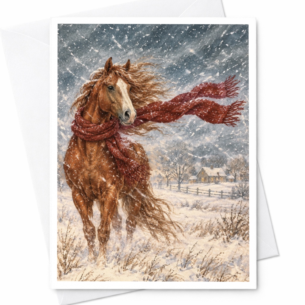 Horse In Snow With Scarf Blank Greeting Card Winter Scene For Animal Lover Rustic Art Note Card Cozy Seasonal Card C10197