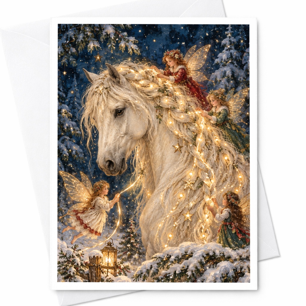 Fairy Tale Horse Card Enchanted Winter Scene Blank Greeting Card Magical Fantasy Art For Fairy Lover Whimsical Holiday Card C10200