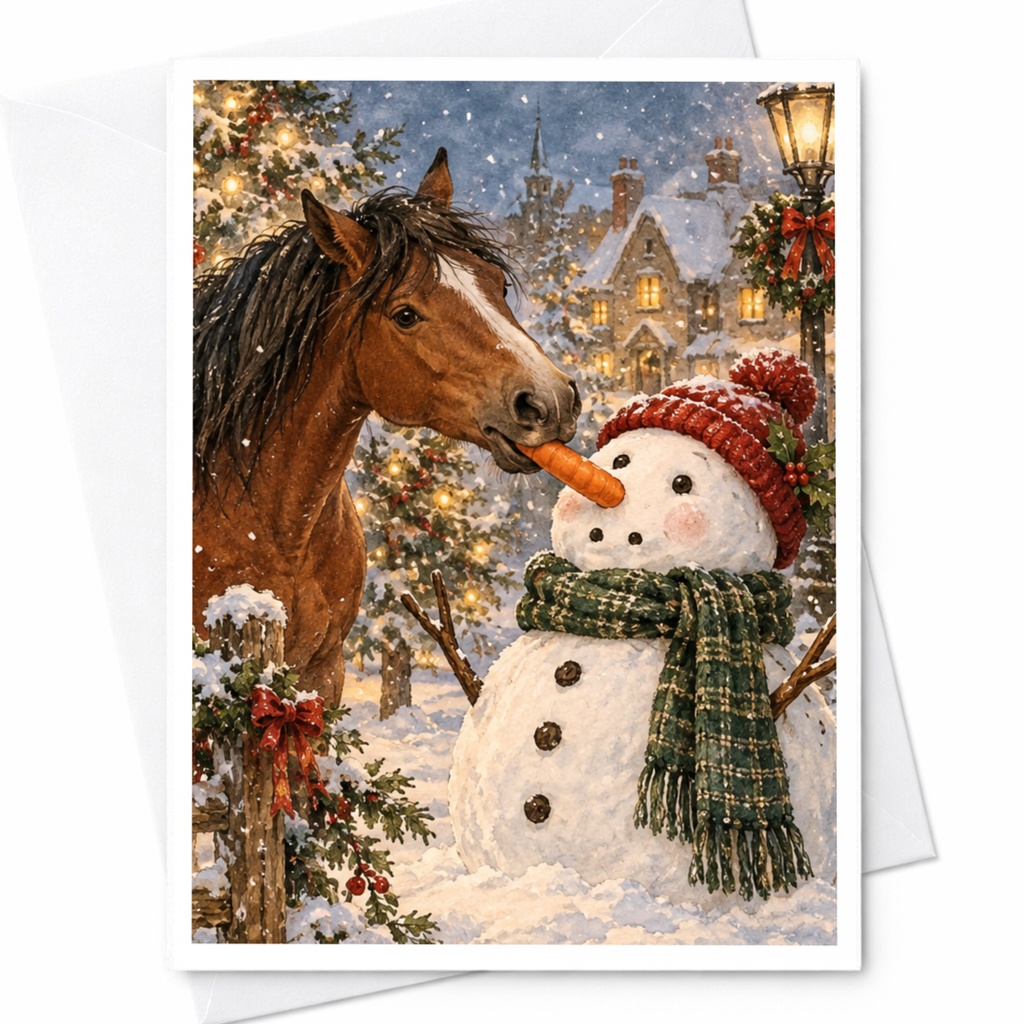 Horse And Snowman Christmas Card Winter Scene Holiday Greeting Card Cute Animal Lover Festive Snowy Landscape Card C10201