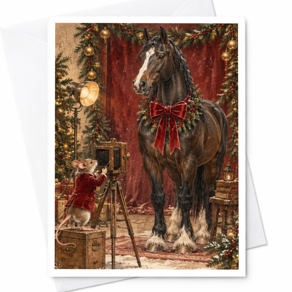 Horse With Red Bow Christmas Card Cute Animal Holiday Greeting Card For Horse Lover Festive Mouse Photographer Scene C10203