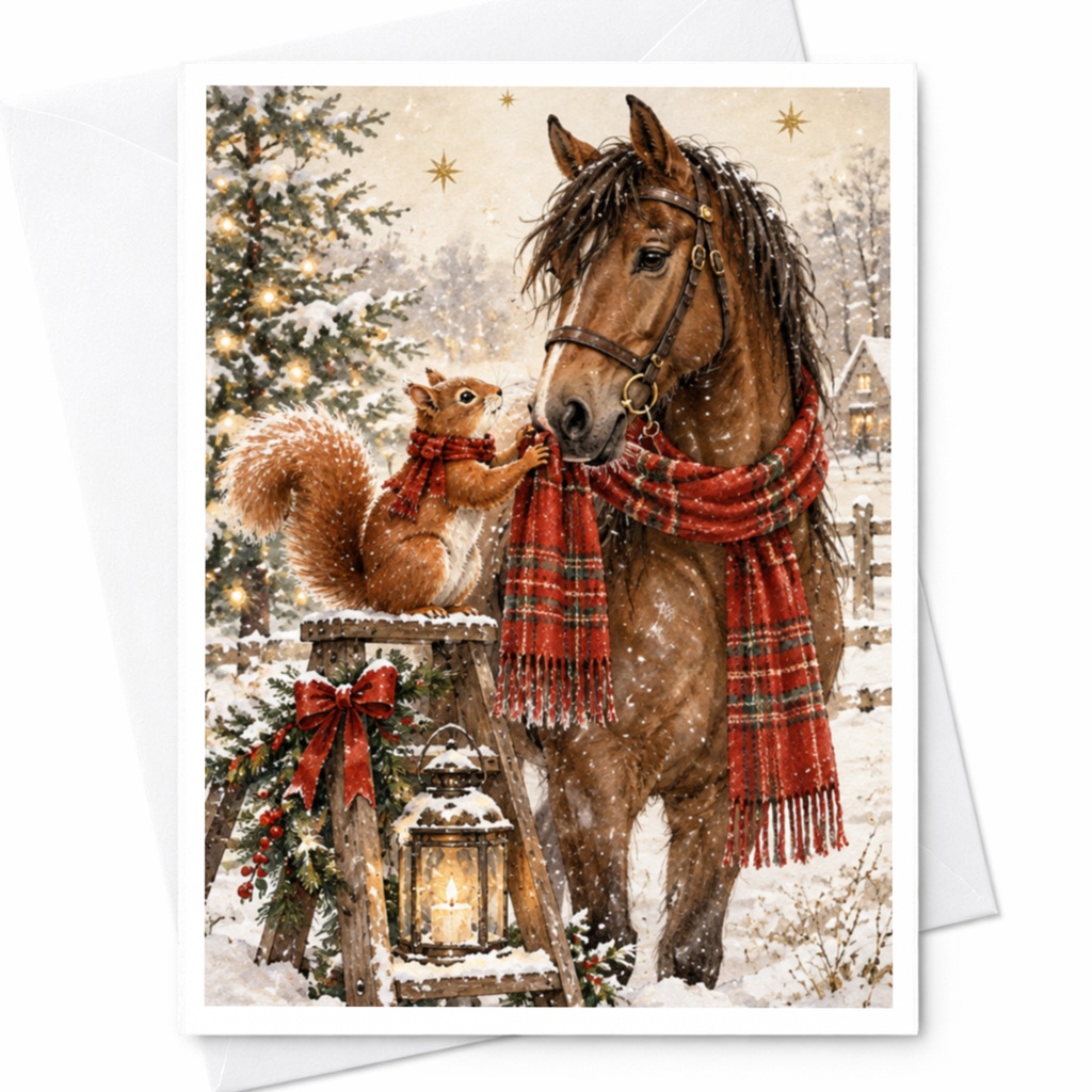 Horse And Squirrel Christmas Card Winter Scene Greeting Card Animal Lover Holiday Card Cute Woodland Animal Card For Her C10204