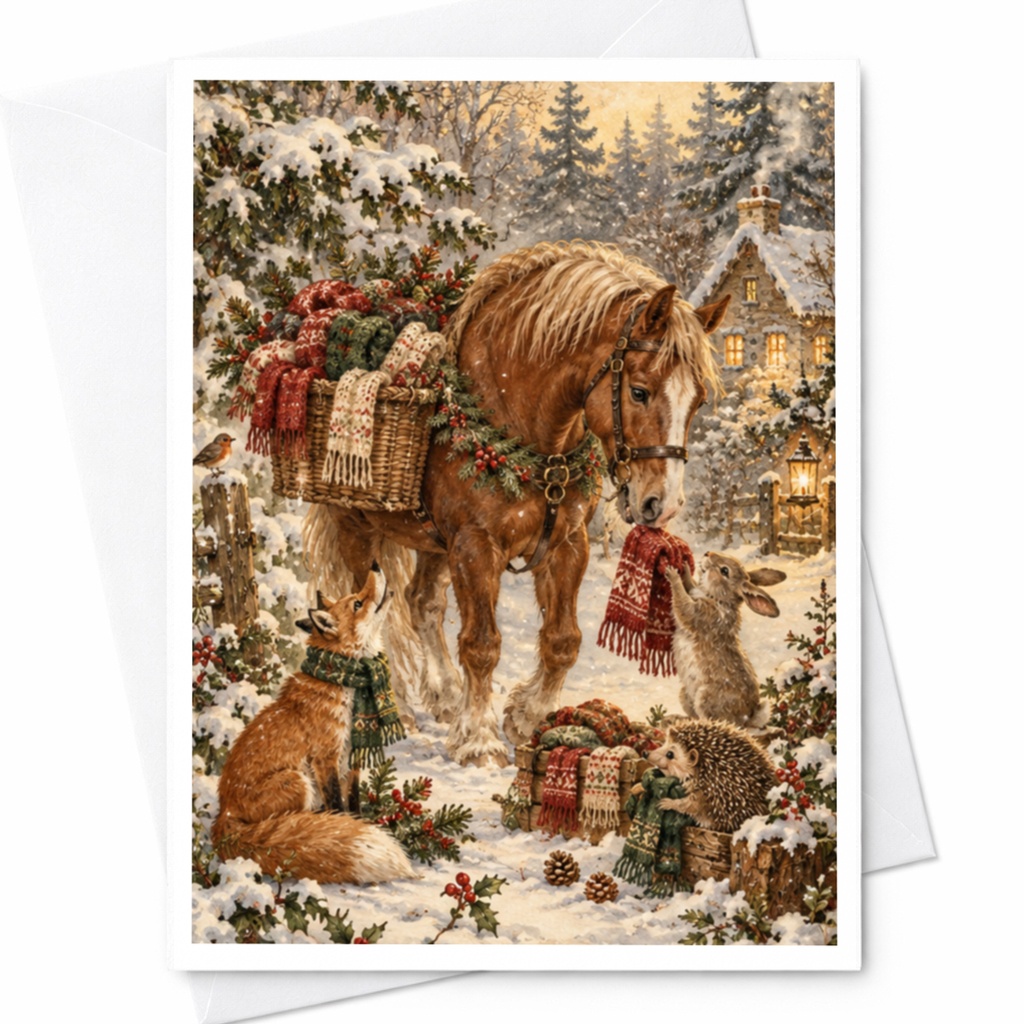 Horse Woodland Animals Christmas Card Winter Scene Greeting Card For Animal Lover Cute Holiday Card Snowy Forest Illustration C10206