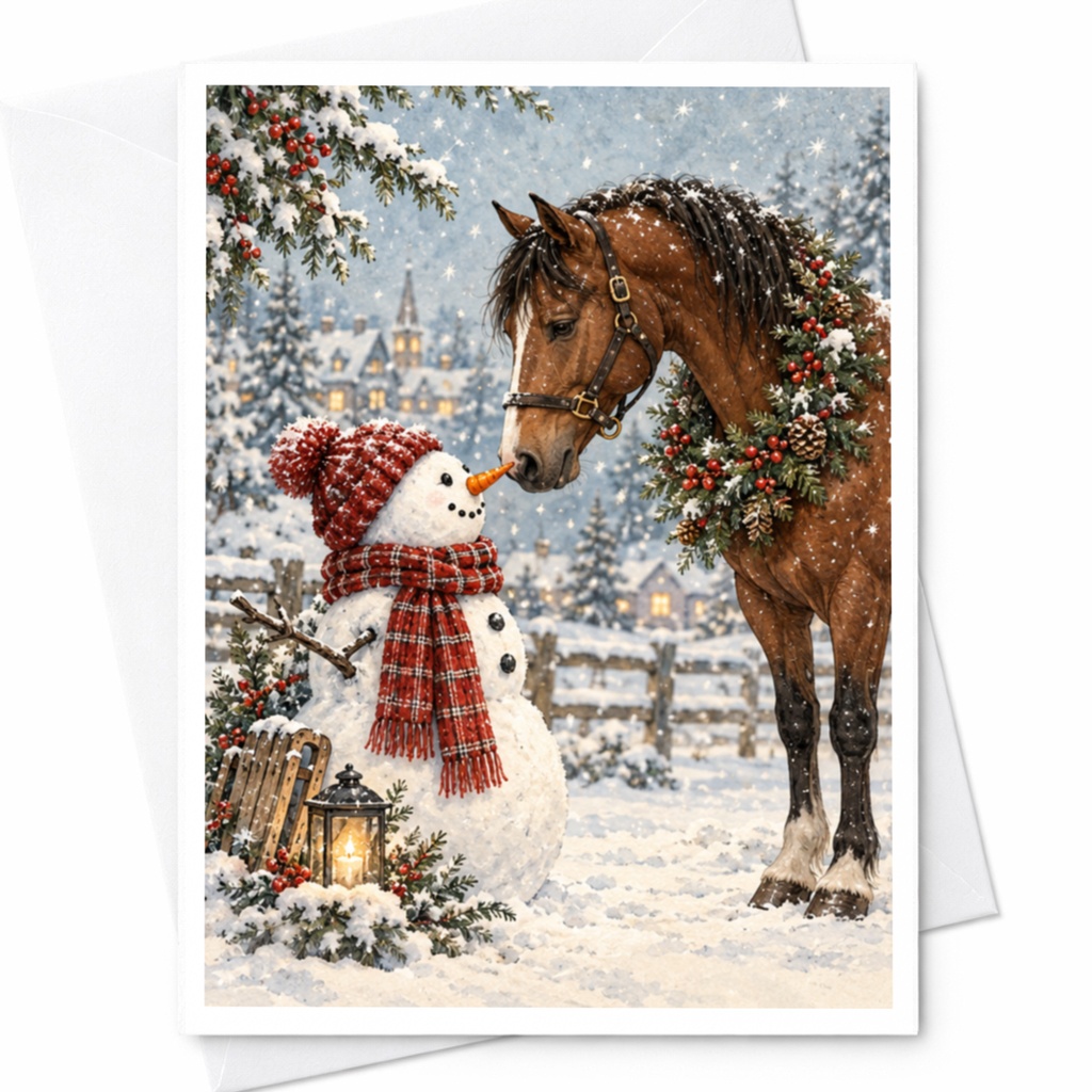 Horse And Snowman Christmas Card Winter Scene Greeting Card For Animal Lover Festive Holiday Card Cute Seasonal Card C10209